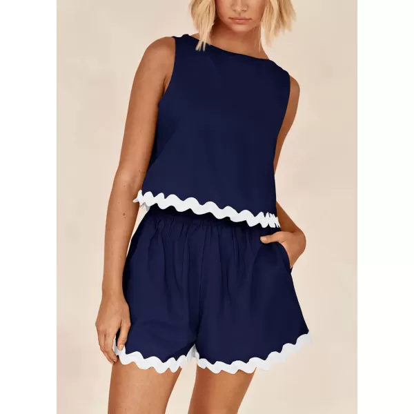 imagePRETTYGARDEN Womens 2 Piece Beach Vacation Outfits Casual Cropped Tank Top High Waist Shorts Set TracksuitNavy