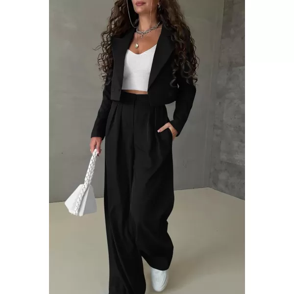 imagePRETTYGARDEN Womens 2 Piece Casual Outfits Cropped Blazer Jackets High Waisted Wide Leg Work Pants Suit SetBlack
