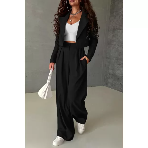 imagePRETTYGARDEN Womens 2 Piece Casual Outfits Cropped Blazer Jackets High Waisted Wide Leg Work Pants Suit SetBlack