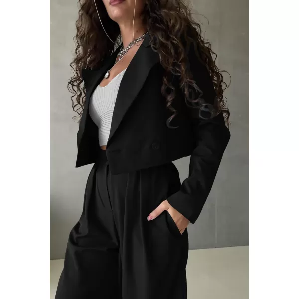 imagePRETTYGARDEN Womens 2 Piece Casual Outfits Cropped Blazer Jackets High Waisted Wide Leg Work Pants Suit SetBlack