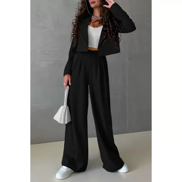 imagePRETTYGARDEN Womens 2 Piece Casual Outfits Cropped Blazer Jackets High Waisted Wide Leg Work Pants Suit SetBlack