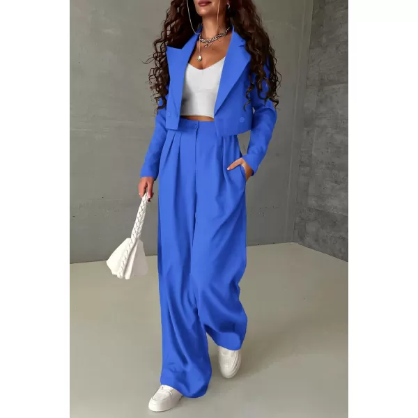 imagePRETTYGARDEN Womens 2 Piece Casual Outfits Cropped Blazer Jackets High Waisted Wide Leg Work Pants Suit SetBlue
