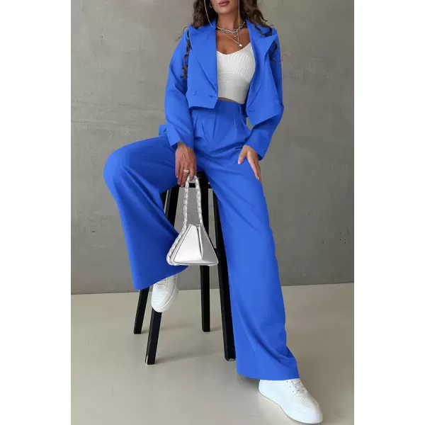 imagePRETTYGARDEN Womens 2 Piece Casual Outfits Cropped Blazer Jackets High Waisted Wide Leg Work Pants Suit SetBlue