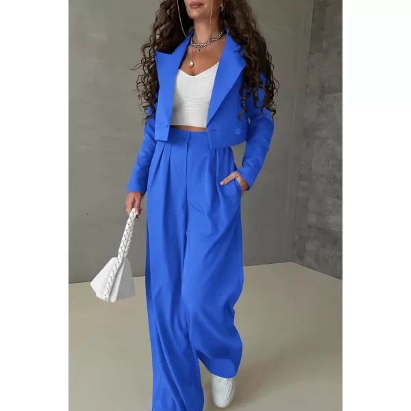 imagePRETTYGARDEN Womens 2 Piece Casual Outfits Cropped Blazer Jackets High Waisted Wide Leg Work Pants Suit SetBlue