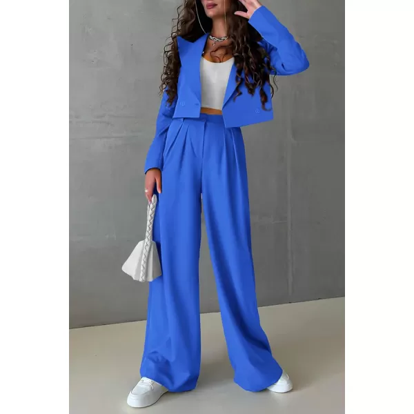imagePRETTYGARDEN Womens 2 Piece Casual Outfits Cropped Blazer Jackets High Waisted Wide Leg Work Pants Suit SetBlue