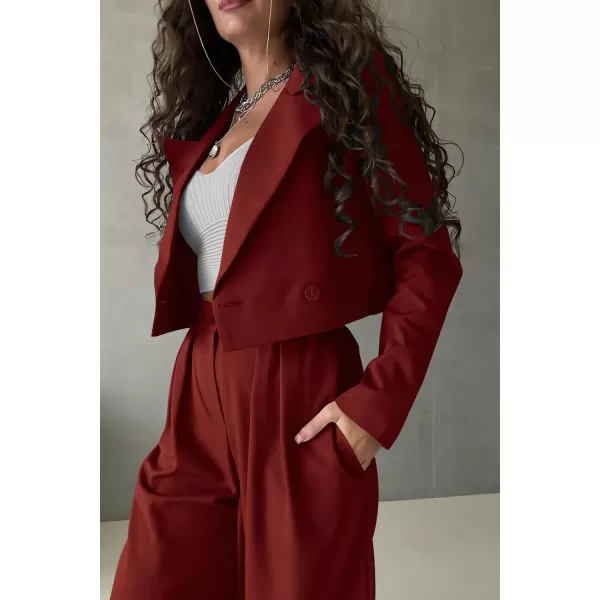 imagePRETTYGARDEN Womens 2 Piece Casual Outfits Cropped Blazer Jackets High Waisted Wide Leg Work Pants Suit SetBrown Red