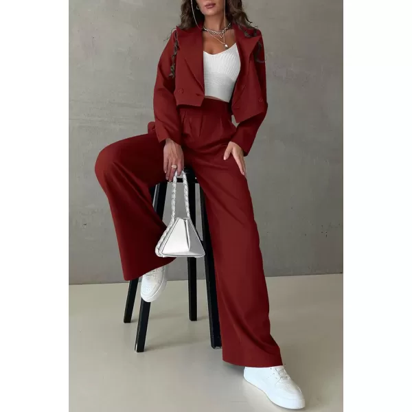 imagePRETTYGARDEN Womens 2 Piece Casual Outfits Cropped Blazer Jackets High Waisted Wide Leg Work Pants Suit SetBrown Red