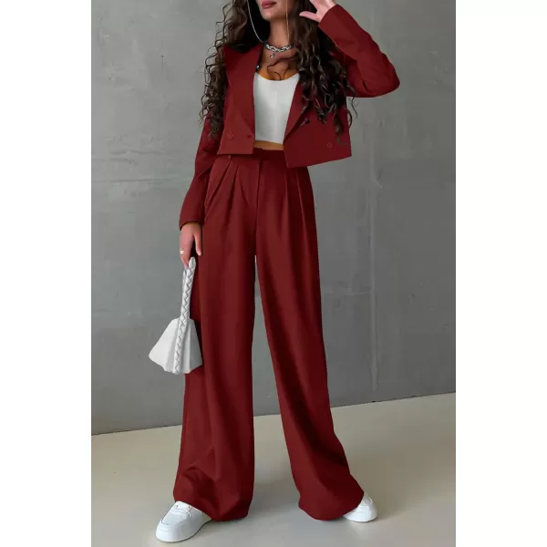 imagePRETTYGARDEN Womens 2 Piece Casual Outfits Cropped Blazer Jackets High Waisted Wide Leg Work Pants Suit SetBrown Red