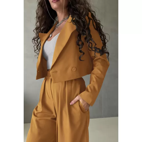 imagePRETTYGARDEN Womens 2 Piece Casual Outfits Cropped Blazer Jackets High Waisted Wide Leg Work Pants Suit SetBrown Yellow