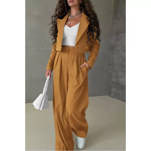 imagePRETTYGARDEN Womens 2 Piece Casual Outfits Cropped Blazer Jackets High Waisted Wide Leg Work Pants Suit SetBrown Yellow