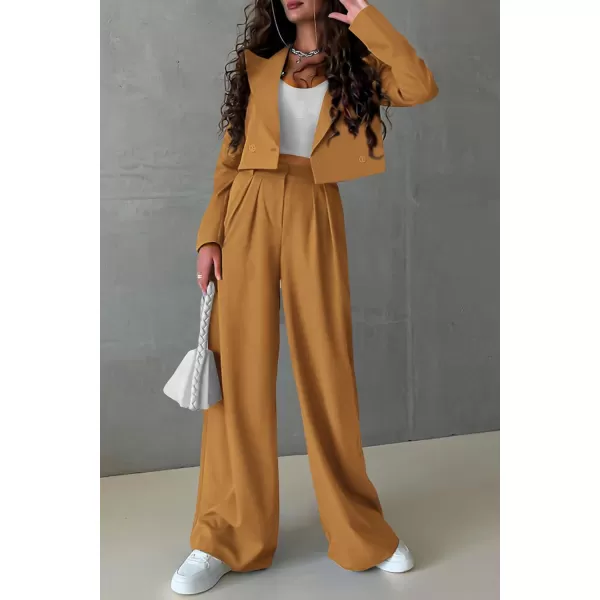 imagePRETTYGARDEN Womens 2 Piece Casual Outfits Cropped Blazer Jackets High Waisted Wide Leg Work Pants Suit SetBrown Yellow