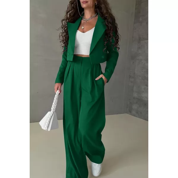 imagePRETTYGARDEN Womens 2 Piece Casual Outfits Cropped Blazer Jackets High Waisted Wide Leg Work Pants Suit SetGreen