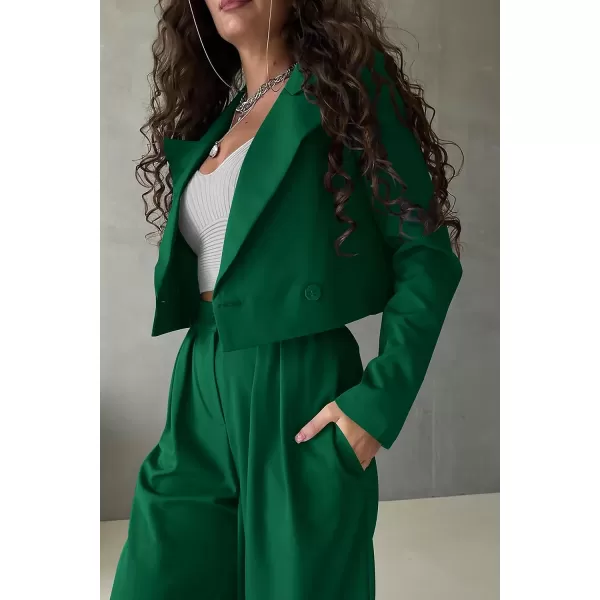 imagePRETTYGARDEN Womens 2 Piece Casual Outfits Cropped Blazer Jackets High Waisted Wide Leg Work Pants Suit SetGreen