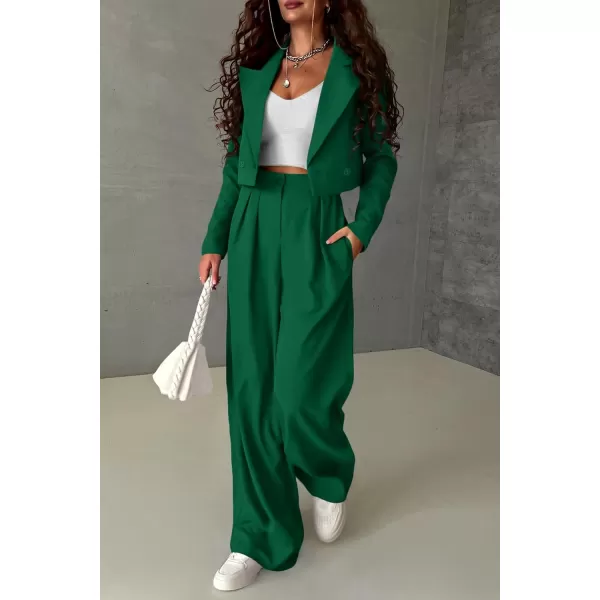 imagePRETTYGARDEN Womens 2 Piece Casual Outfits Cropped Blazer Jackets High Waisted Wide Leg Work Pants Suit SetGreen