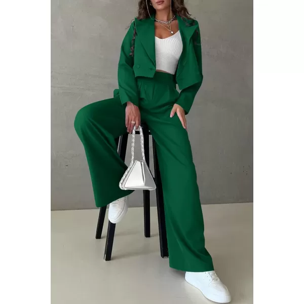 imagePRETTYGARDEN Womens 2 Piece Casual Outfits Cropped Blazer Jackets High Waisted Wide Leg Work Pants Suit SetGreen