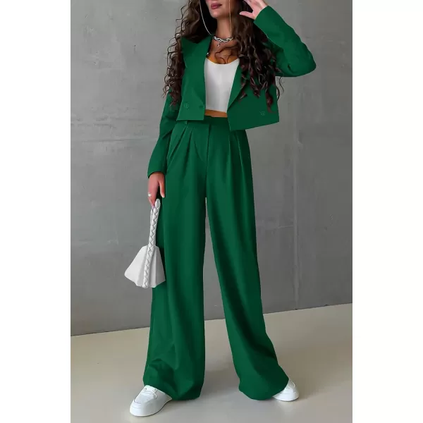imagePRETTYGARDEN Womens 2 Piece Casual Outfits Cropped Blazer Jackets High Waisted Wide Leg Work Pants Suit SetGreen