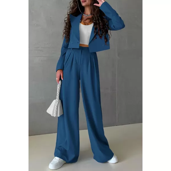 imagePRETTYGARDEN Womens 2 Piece Casual Outfits Cropped Blazer Jackets High Waisted Wide Leg Work Pants Suit SetLake Blue