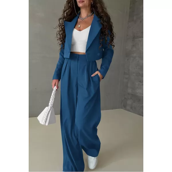 imagePRETTYGARDEN Womens 2 Piece Casual Outfits Cropped Blazer Jackets High Waisted Wide Leg Work Pants Suit SetLake Blue