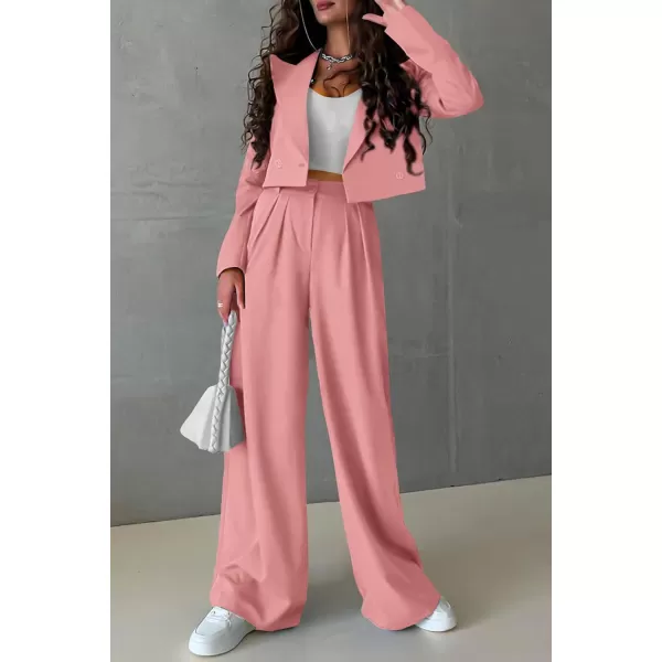 imagePRETTYGARDEN Womens 2 Piece Casual Outfits Cropped Blazer Jackets High Waisted Wide Leg Work Pants Suit SetLight Pink