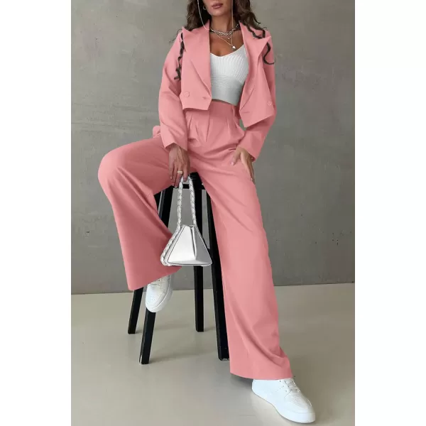 imagePRETTYGARDEN Womens 2 Piece Casual Outfits Cropped Blazer Jackets High Waisted Wide Leg Work Pants Suit SetLight Pink