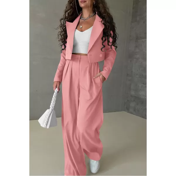 imagePRETTYGARDEN Womens 2 Piece Casual Outfits Cropped Blazer Jackets High Waisted Wide Leg Work Pants Suit SetLight Pink