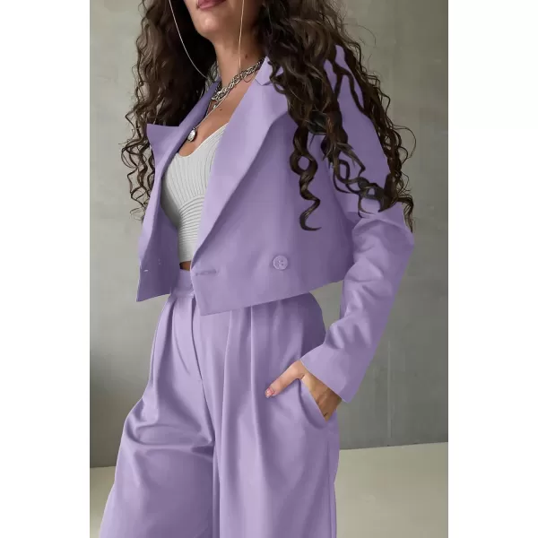 imagePRETTYGARDEN Womens 2 Piece Casual Outfits Cropped Blazer Jackets High Waisted Wide Leg Work Pants Suit SetLight Purple
