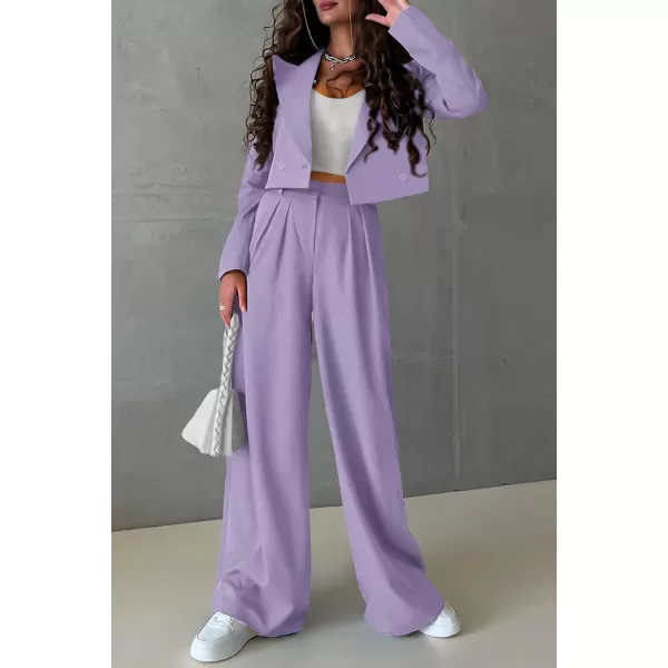 imagePRETTYGARDEN Womens 2 Piece Casual Outfits Cropped Blazer Jackets High Waisted Wide Leg Work Pants Suit SetLight Purple