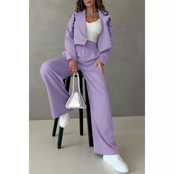 imagePRETTYGARDEN Womens 2 Piece Casual Outfits Cropped Blazer Jackets High Waisted Wide Leg Work Pants Suit SetLight Purple