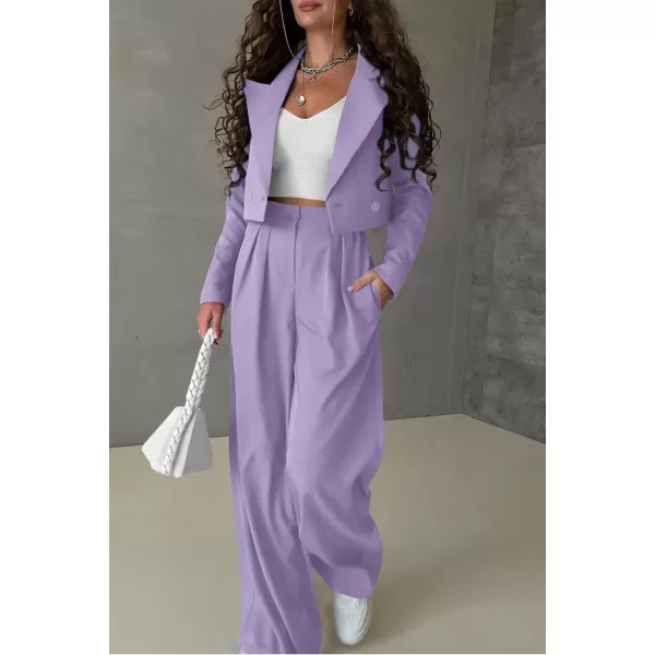 imagePRETTYGARDEN Womens 2 Piece Casual Outfits Cropped Blazer Jackets High Waisted Wide Leg Work Pants Suit SetLight Purple