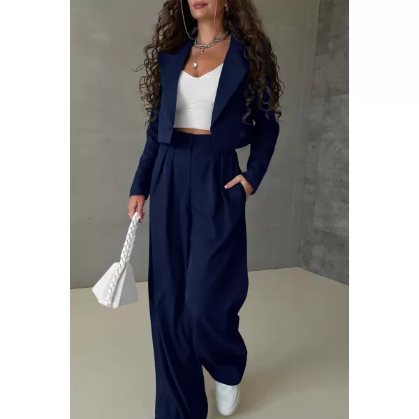 imagePRETTYGARDEN Womens 2 Piece Casual Outfits Cropped Blazer Jackets High Waisted Wide Leg Work Pants Suit SetNavy