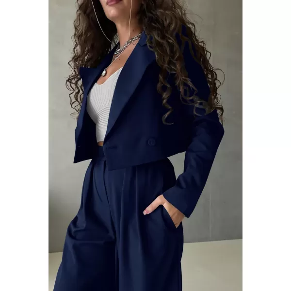 imagePRETTYGARDEN Womens 2 Piece Casual Outfits Cropped Blazer Jackets High Waisted Wide Leg Work Pants Suit SetNavy