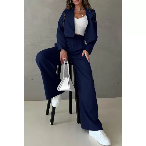imagePRETTYGARDEN Womens 2 Piece Casual Outfits Cropped Blazer Jackets High Waisted Wide Leg Work Pants Suit SetNavy