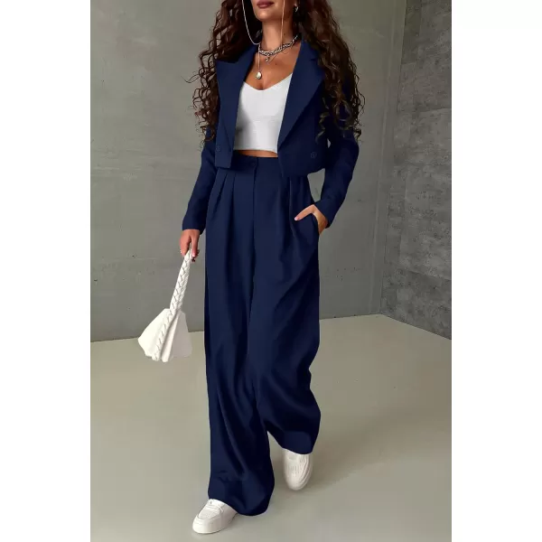 imagePRETTYGARDEN Womens 2 Piece Casual Outfits Cropped Blazer Jackets High Waisted Wide Leg Work Pants Suit SetNavy
