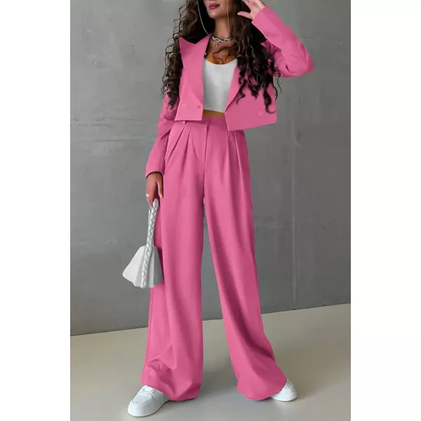 imagePRETTYGARDEN Womens 2 Piece Casual Outfits Cropped Blazer Jackets High Waisted Wide Leg Work Pants Suit SetPink
