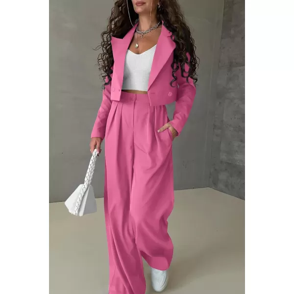 imagePRETTYGARDEN Womens 2 Piece Casual Outfits Cropped Blazer Jackets High Waisted Wide Leg Work Pants Suit SetPink