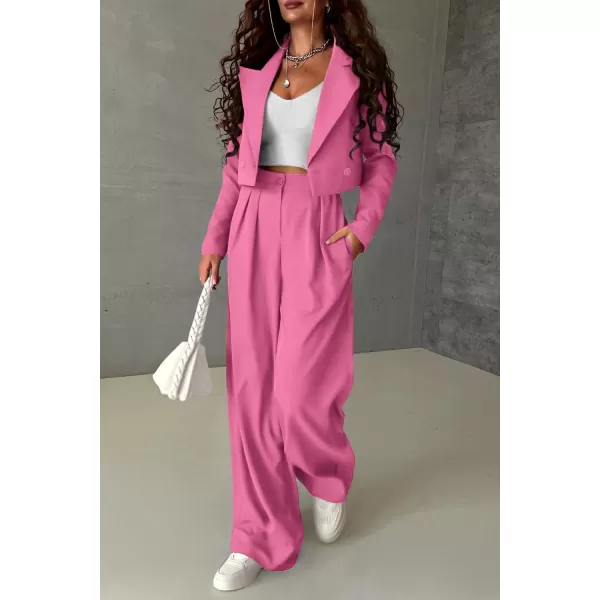 imagePRETTYGARDEN Womens 2 Piece Casual Outfits Cropped Blazer Jackets High Waisted Wide Leg Work Pants Suit SetPink