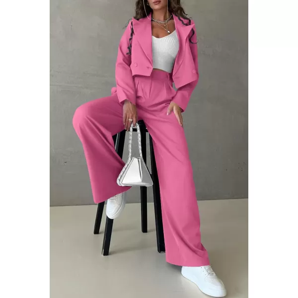 imagePRETTYGARDEN Womens 2 Piece Casual Outfits Cropped Blazer Jackets High Waisted Wide Leg Work Pants Suit SetPink
