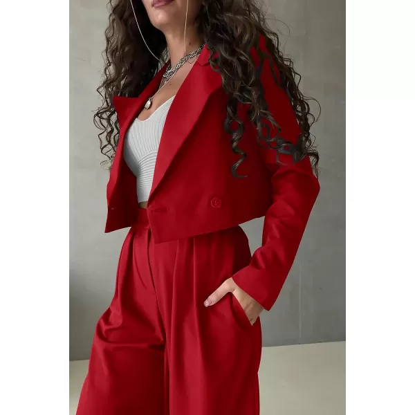 imagePRETTYGARDEN Womens 2 Piece Casual Outfits Cropped Blazer Jackets High Waisted Wide Leg Work Pants Suit SetRed