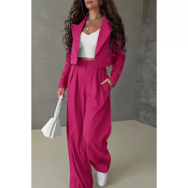 imagePRETTYGARDEN Womens 2 Piece Casual Outfits Cropped Blazer Jackets High Waisted Wide Leg Work Pants Suit SetRose Red