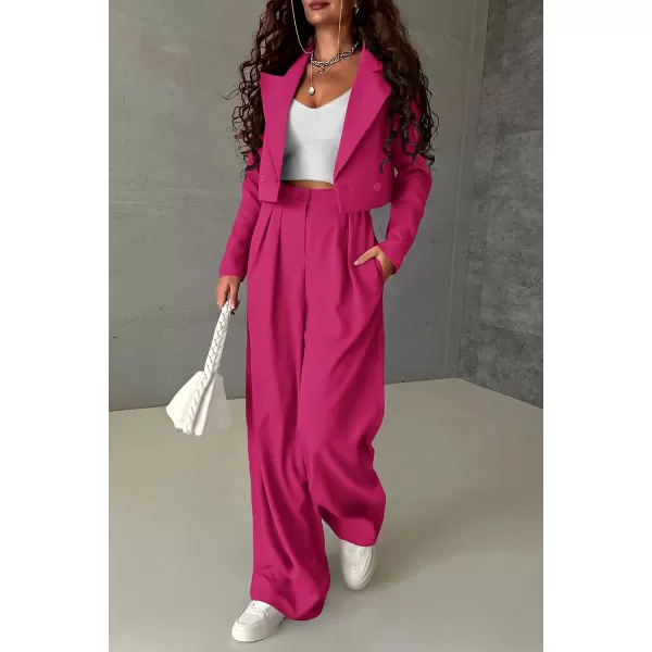 imagePRETTYGARDEN Womens 2 Piece Casual Outfits Cropped Blazer Jackets High Waisted Wide Leg Work Pants Suit SetRose Red