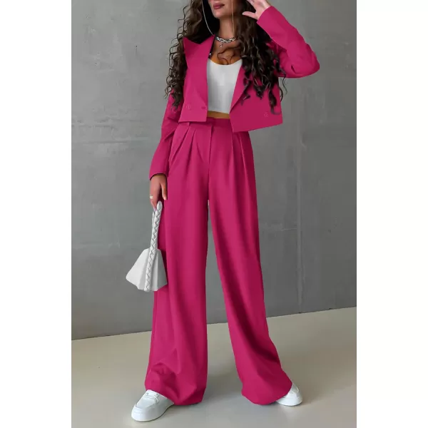 imagePRETTYGARDEN Womens 2 Piece Casual Outfits Cropped Blazer Jackets High Waisted Wide Leg Work Pants Suit SetRose Red
