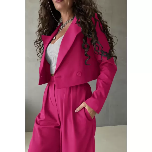 imagePRETTYGARDEN Womens 2 Piece Casual Outfits Cropped Blazer Jackets High Waisted Wide Leg Work Pants Suit SetRose Red