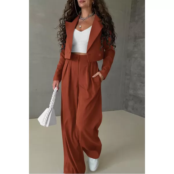 imagePRETTYGARDEN Womens 2 Piece Casual Outfits Cropped Blazer Jackets High Waisted Wide Leg Work Pants Suit SetRust Red
