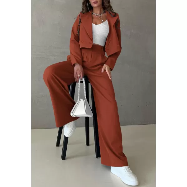 imagePRETTYGARDEN Womens 2 Piece Casual Outfits Cropped Blazer Jackets High Waisted Wide Leg Work Pants Suit SetRust Red