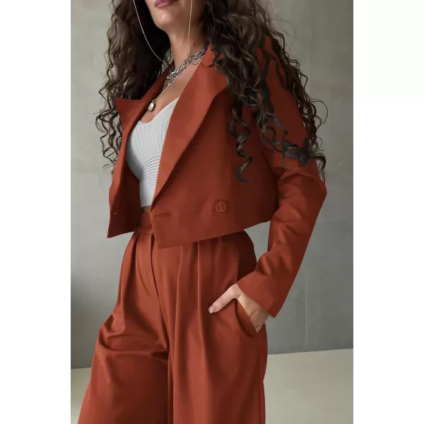 imagePRETTYGARDEN Womens 2 Piece Casual Outfits Cropped Blazer Jackets High Waisted Wide Leg Work Pants Suit SetRust Red