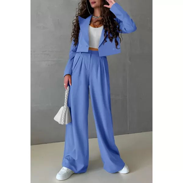 imagePRETTYGARDEN Womens 2 Piece Casual Outfits Cropped Blazer Jackets High Waisted Wide Leg Work Pants Suit SetSky Blue