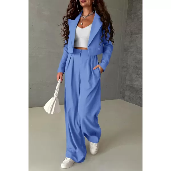 imagePRETTYGARDEN Womens 2 Piece Casual Outfits Cropped Blazer Jackets High Waisted Wide Leg Work Pants Suit SetSky Blue