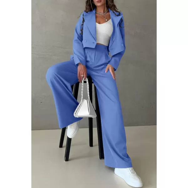 imagePRETTYGARDEN Womens 2 Piece Casual Outfits Cropped Blazer Jackets High Waisted Wide Leg Work Pants Suit SetSky Blue