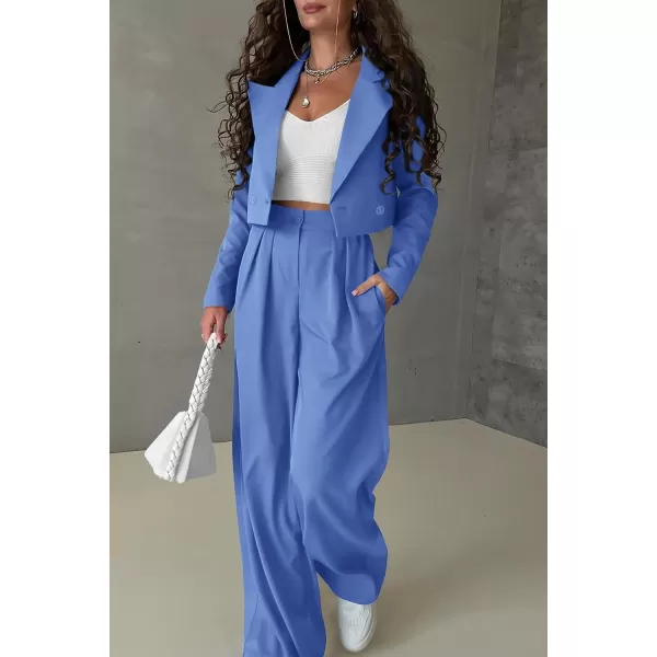 imagePRETTYGARDEN Womens 2 Piece Casual Outfits Cropped Blazer Jackets High Waisted Wide Leg Work Pants Suit SetSky Blue
