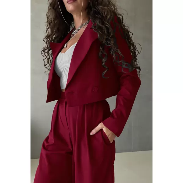 imagePRETTYGARDEN Womens 2 Piece Casual Outfits Cropped Blazer Jackets High Waisted Wide Leg Work Pants Suit SetWine Red
